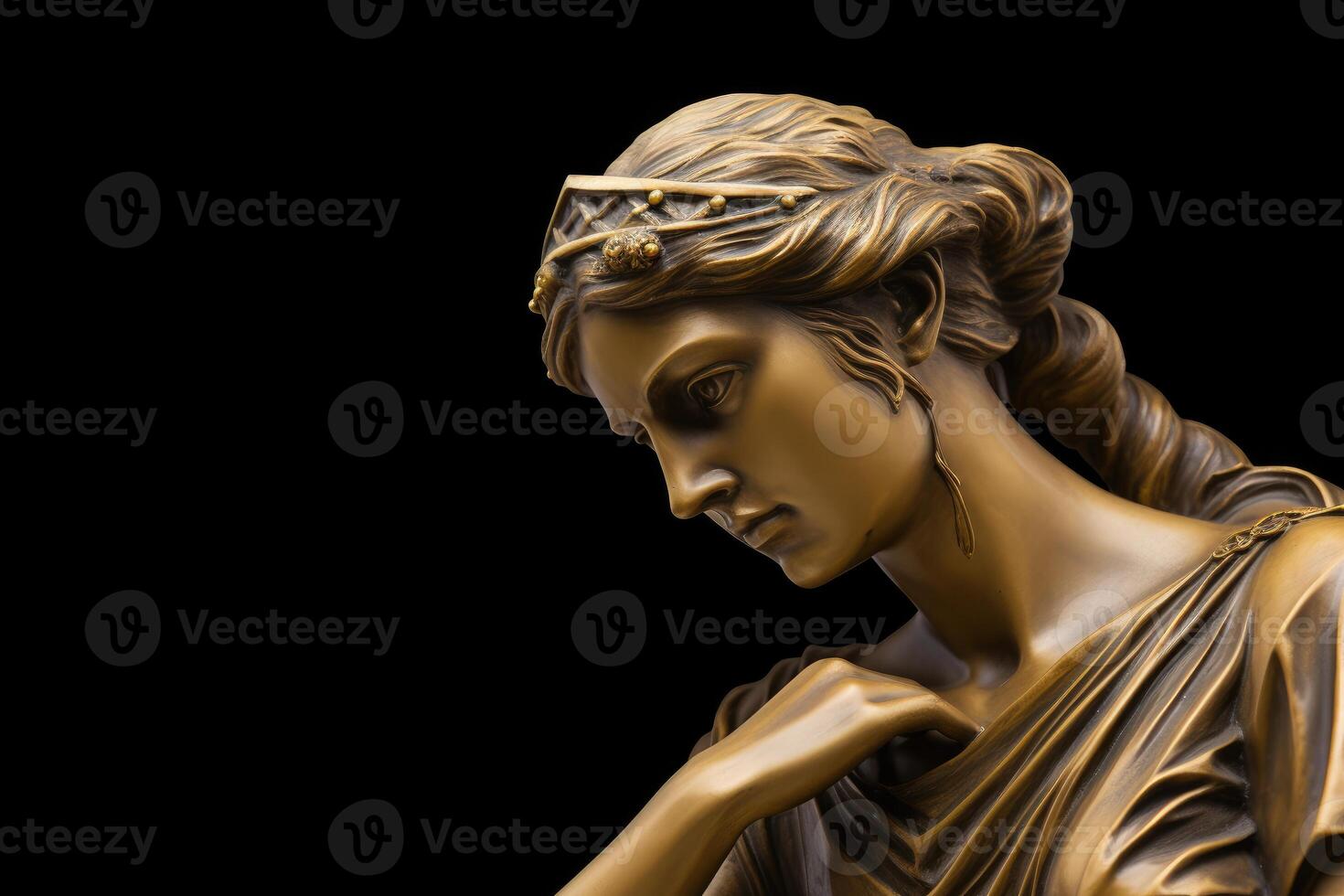 Bronze statue of sad girl with her head down on a black background with copy space. 3D illustration of a Renaissance marble Goddesses sculpture photo