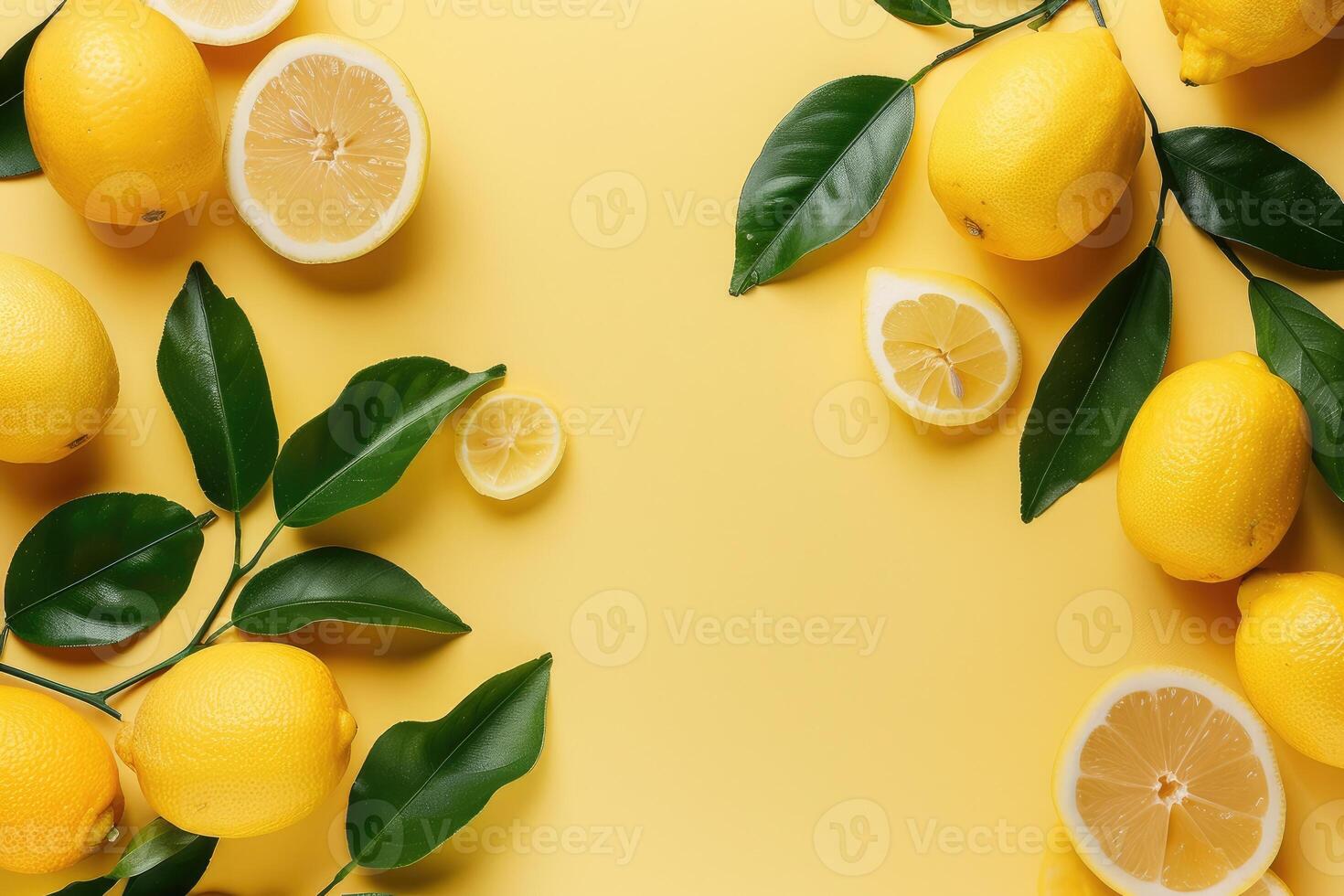Flat lay of Summer tropical Lemons with leaves on pastel yellow background. Food concept. Top view of citrus with copy space photo
