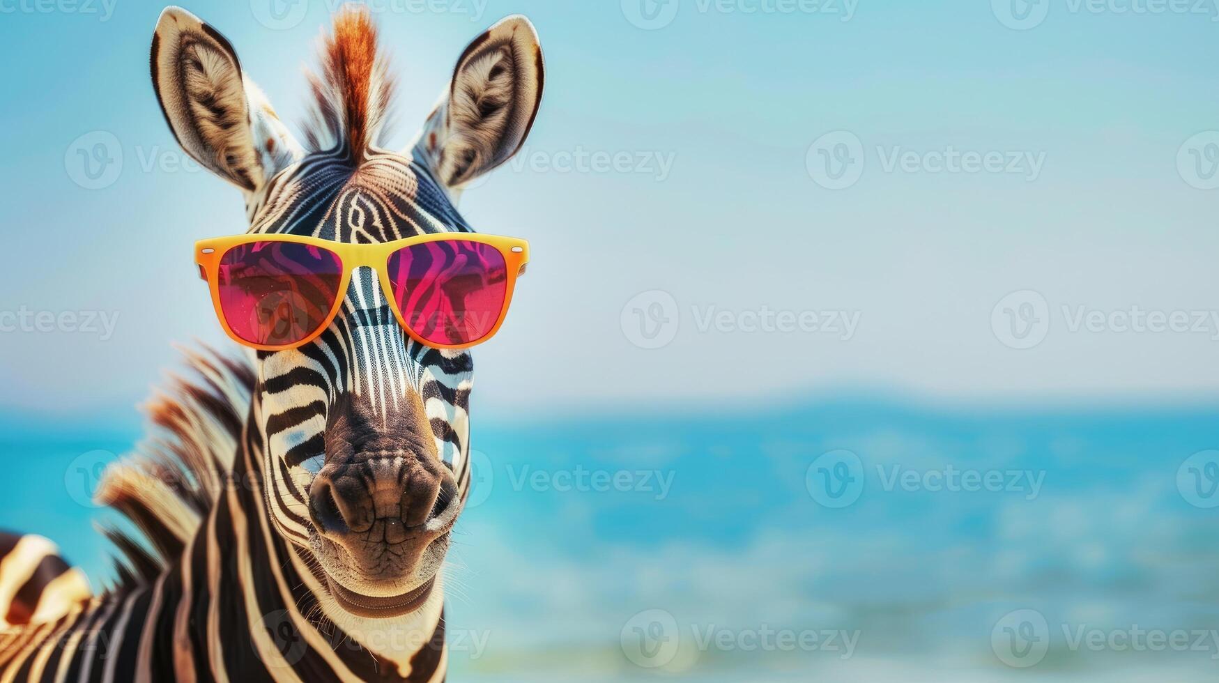 Zebra with glasses against the background of the sea on a Summer banner with copy space. Backdrop with cheerful African animal for travel companies and excursions in the savannah and text place photo