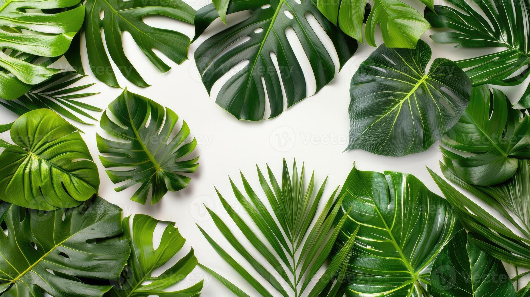 Flat lay of Tropical leaves Monstera on white background. Top view of greens banner with copy space photo