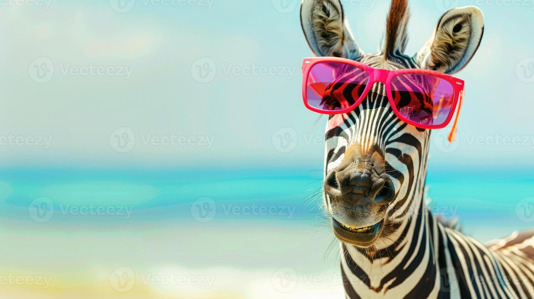Cool Zebra in sunglasses against the backdrop of the summer sea. Rest and vacation concept photo