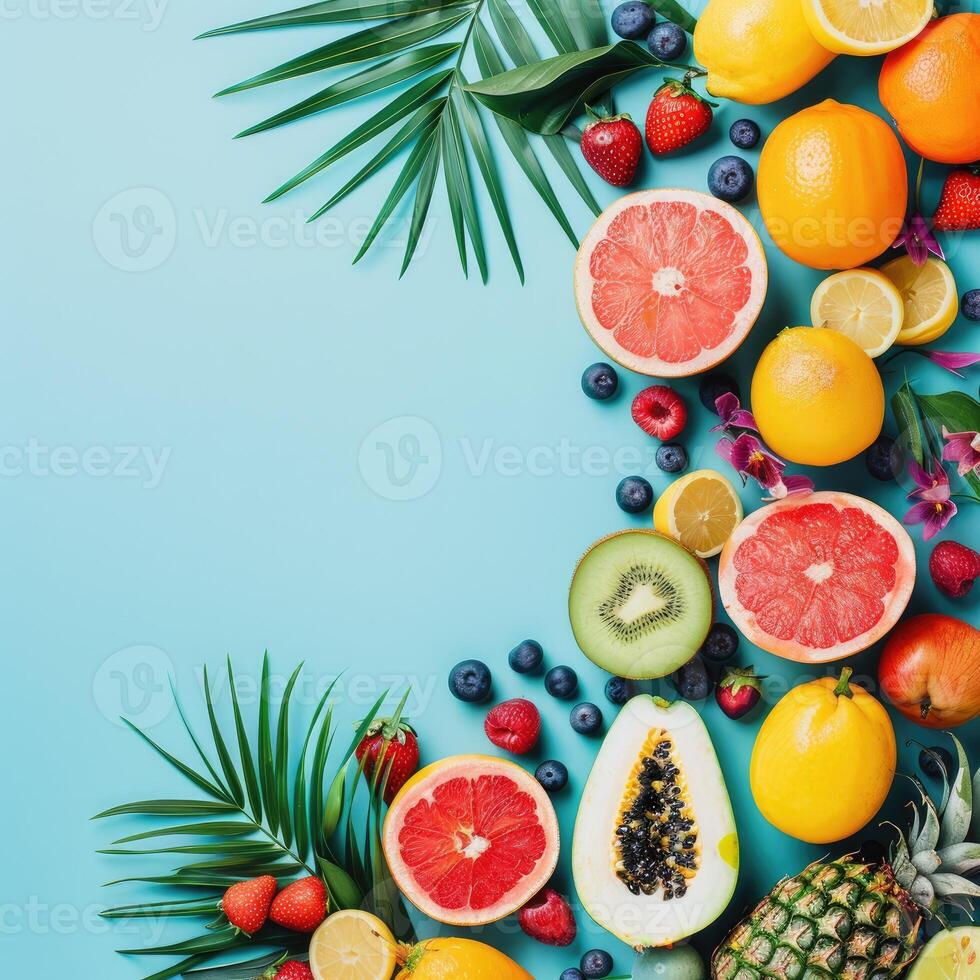 Tropical fruits flat lay with passion fruit, grapes, limes, pineapples, mango, papaya, pitahaya, on blue background with copy space. Summer bright banner with place text photo