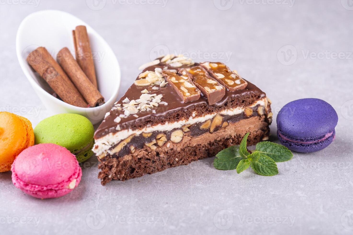 Slice of cake on a gray background for a restaurant photo