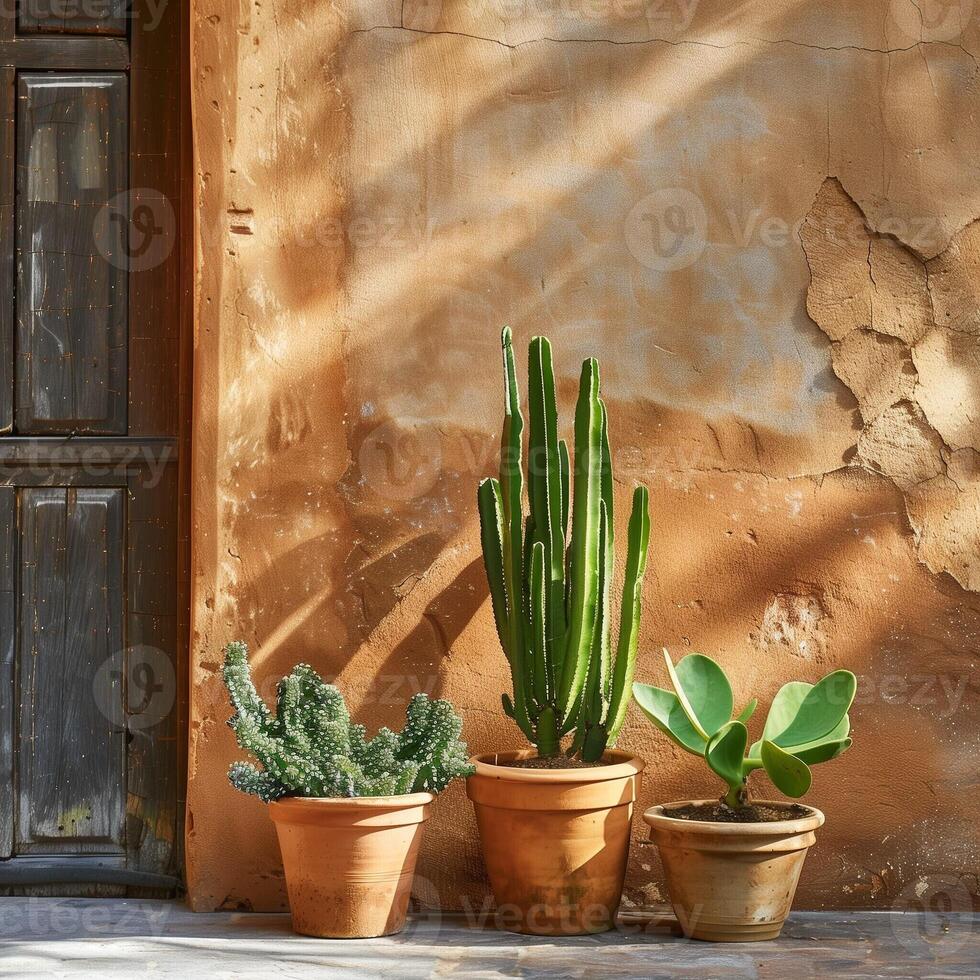 Desert plants in terracotta pots outside a rustic door, basking in natural sunlight beside a stucco wall. Background with copy space. Cactus in front of brown masonry wall of stones in sunshine photo