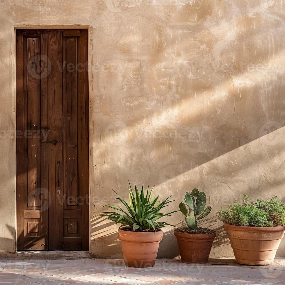 Desert plants in terracotta pots outside a rustic door, basking in natural sunlight beside a stucco wall. Background with copy space. Cactus in front of brown masonry wall of stones in sunshine photo