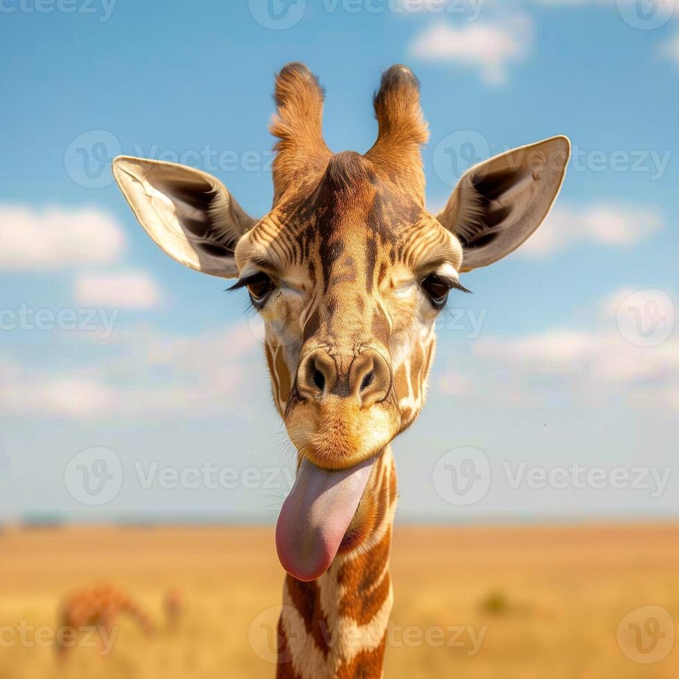 A cute funny giraffe against the backdrop of a huge African savanna shows its tongue. Close-up of a majestic animal. photo