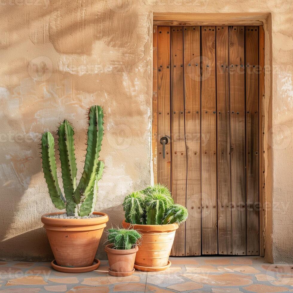 Desert plants in terracotta pots outside a rustic door, basking in natural sunlight beside a stucco wall. Background with copy space. Cactus in front of brown masonry wall of stones in sunshine photo