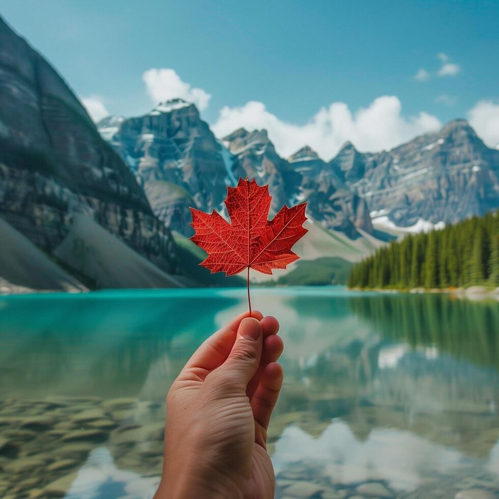 Red maple leaf in hand against the backdrop of a landscape with a lake and mountains. photo