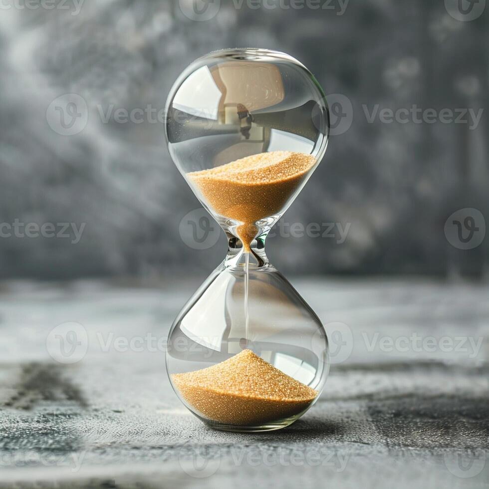Hourglass. Sand passing in hourglass, countdown running time, deadline on grey background copy space. Falling sand showing the passing time of hourglass close-up and isolated concept for business photo