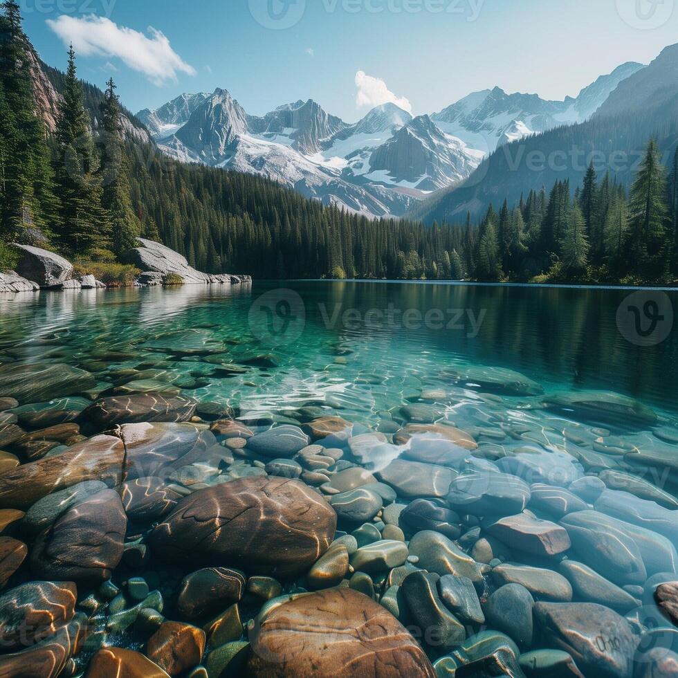 Landscape Canada. Tranquil lake reflecting a perfect mirror image of mountains and sky, serene and symmetrical, capturing the beauty and calmness of natural reflections photo