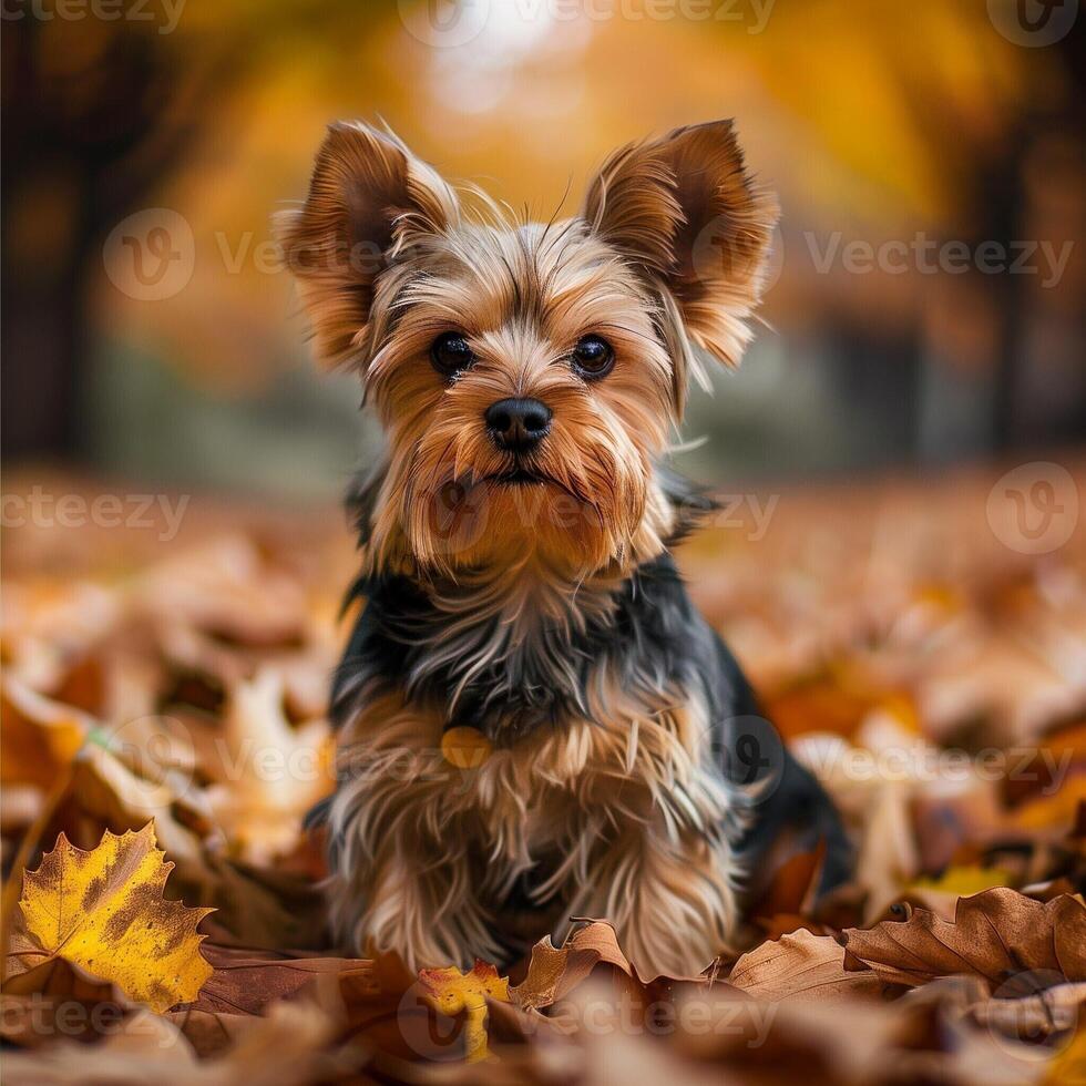 Yorkshire terrier sits in the park among the fallen bright autumn leaves. A small dog enjoys a walk in the fresh air. photo