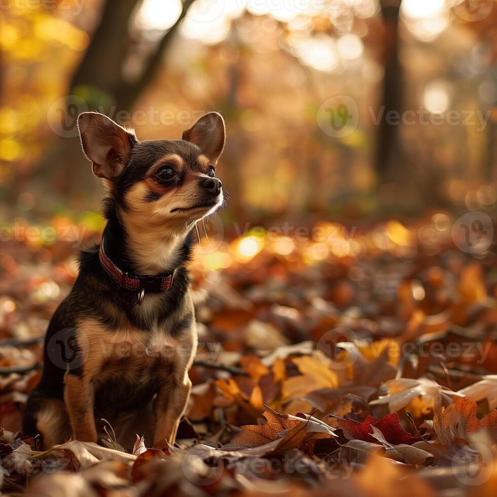 A toy terrier sits in a park among fallen bright autumn leaves. A small dog enjoys a walk in the fresh air. photo