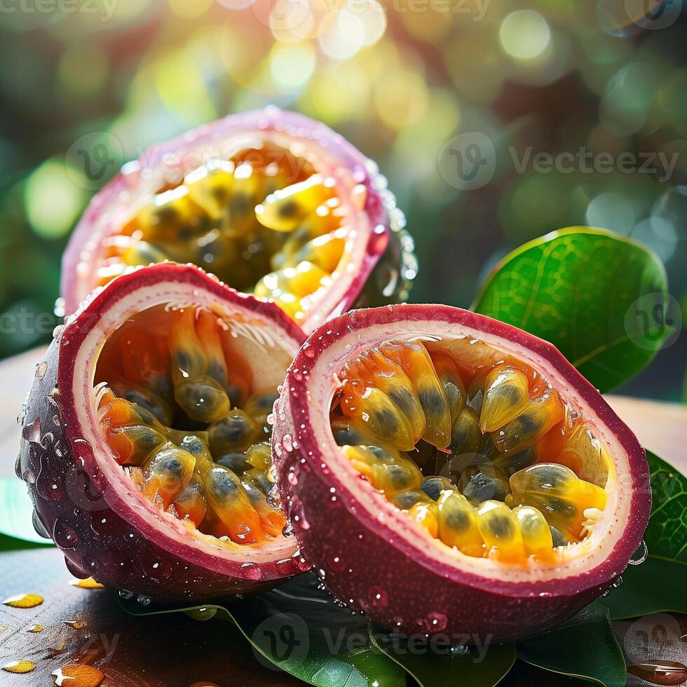 Fresh Passion Fruit With Dew Drops, Sliced Open And Bathed In Sunlight. Tropical Fruits, Summer vibe photo