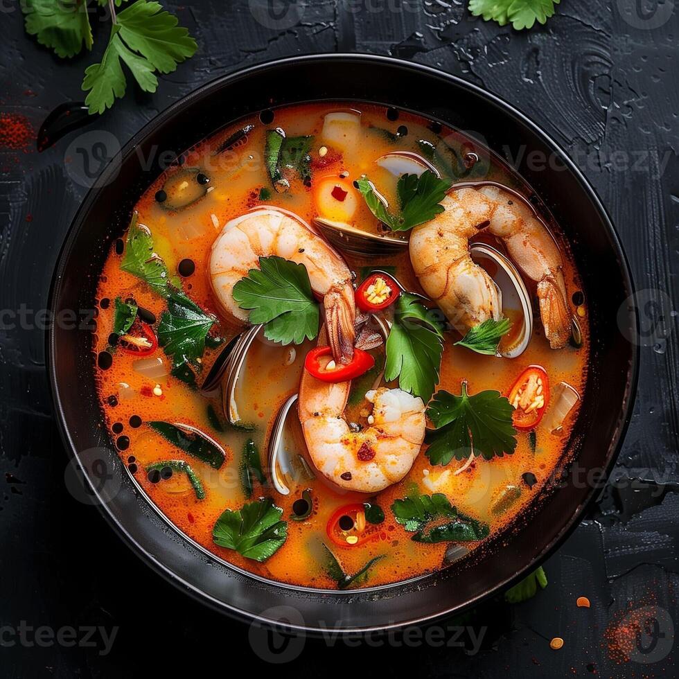 Tom Yum Goong or Shrimp. Soup spicy Traditional food in Thailand contains chili, lime,lemongrass, lime leaf, along with cooked rice in a white dish on the old wood background. photo
