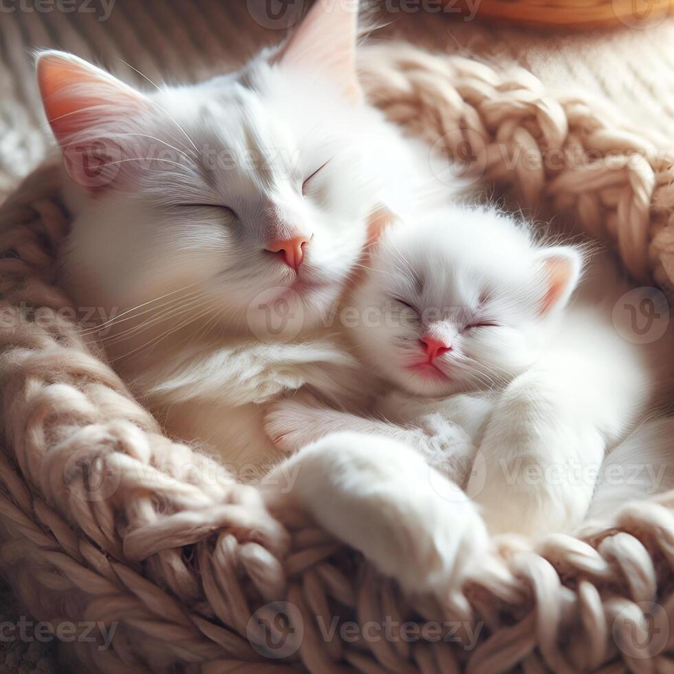 Mother cat sleeping next to her cat baby. Cat mother and young kitten sleeping cheek to cheek together. photo