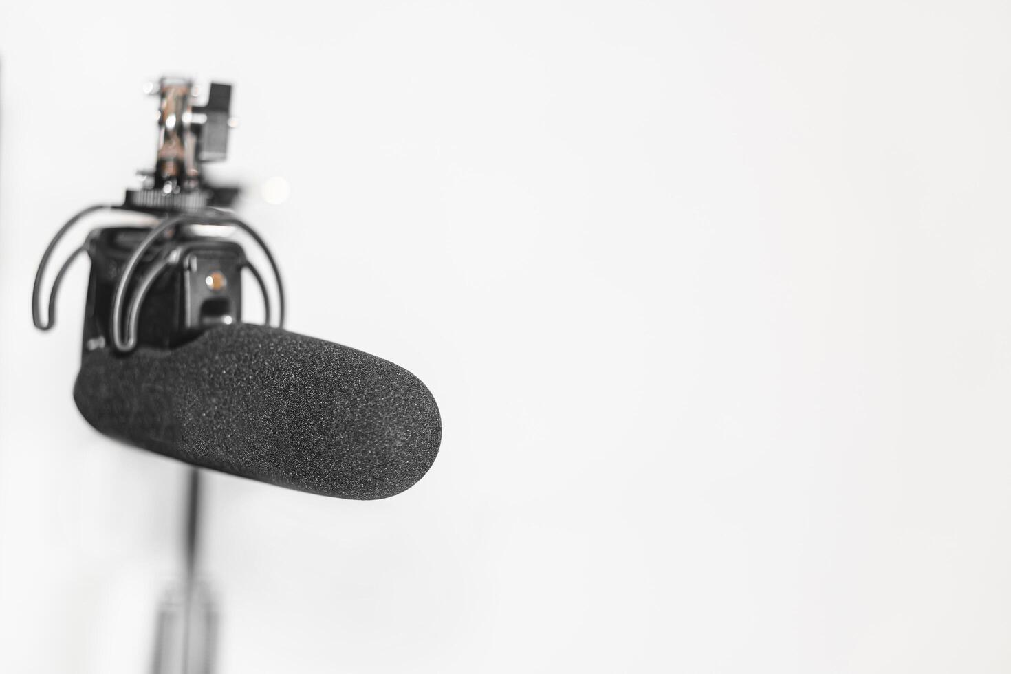 Home studio podcast interior. Microphone close-up photo