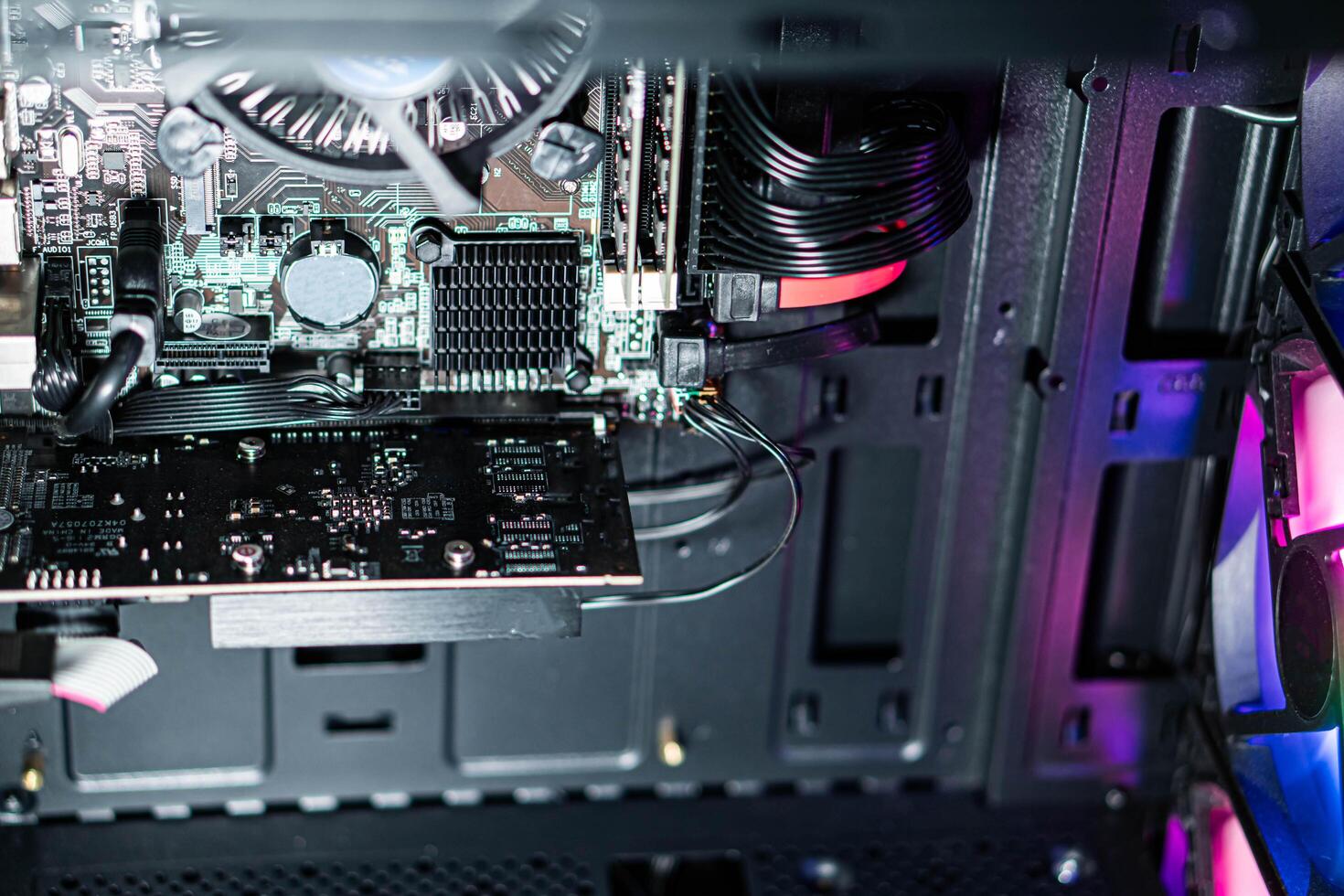 Interior of a Desktop Computer with Components and Lighting photo