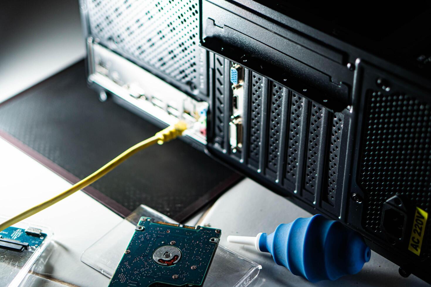 Computer case with open side panel and internal components photo