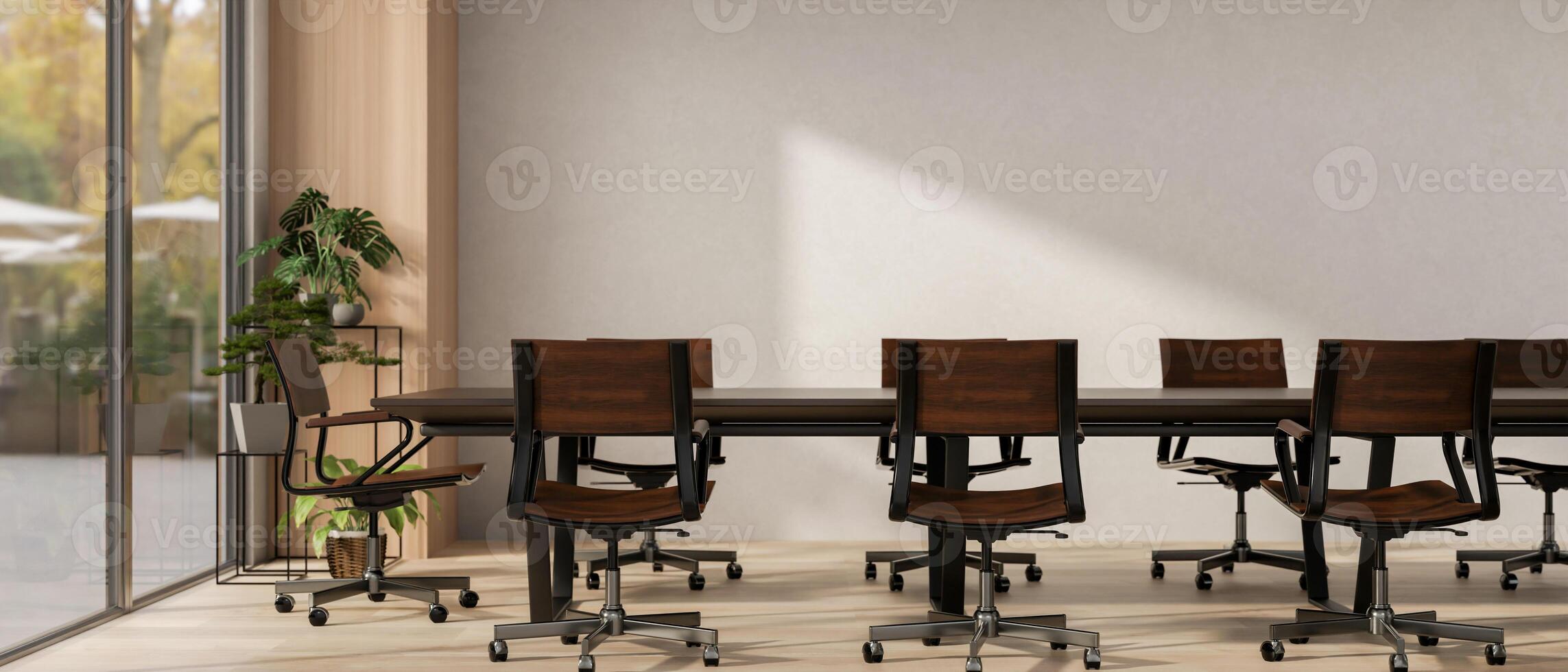 The interior design of a contemporary, minimalist meeting room features a hardwood meeting table. photo