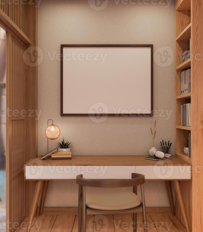 A blank picture frame mockup on the wall in a modern, Scandinavian working room. photo
