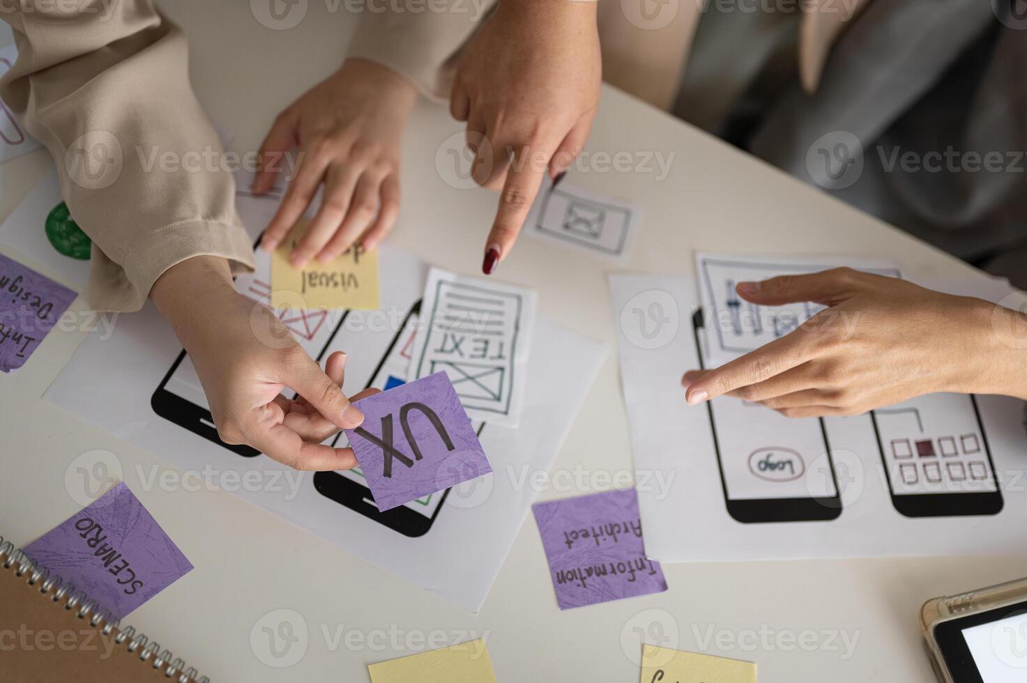 A cropped shot of a group of UX and UI graphic designers working in the meeting. photo
