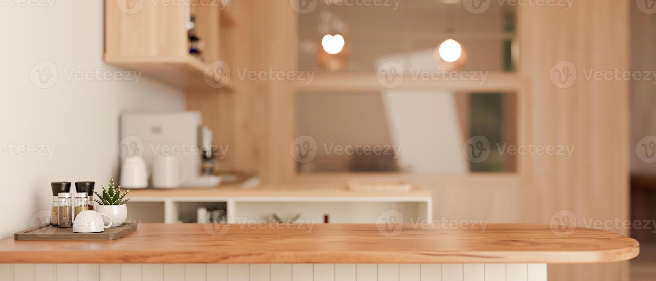 Copy space on a wooden kitchen countertop in a minimalist Scandinavian kitchen. photo