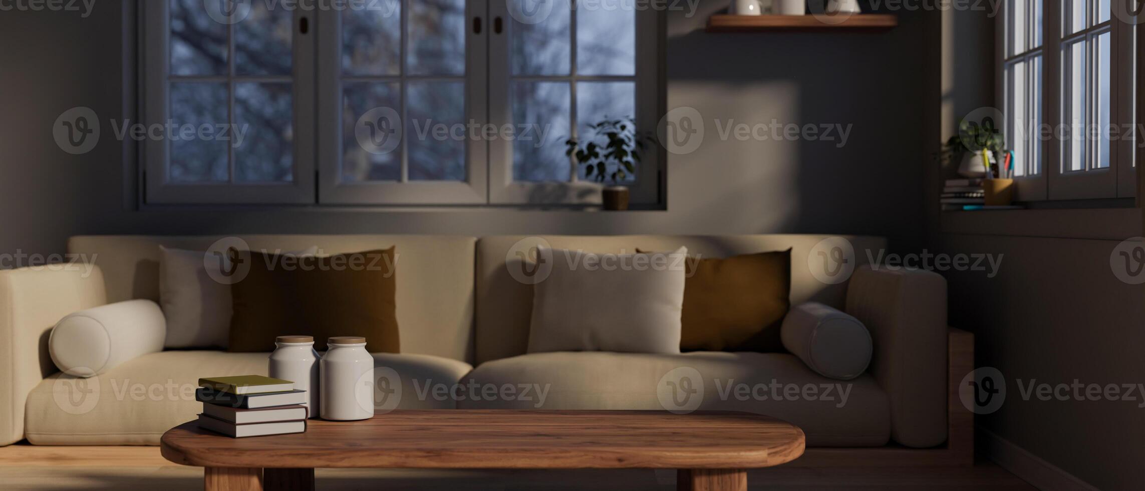 A cosy, modern home living room interior design with a comfortable couch near by the window. photo