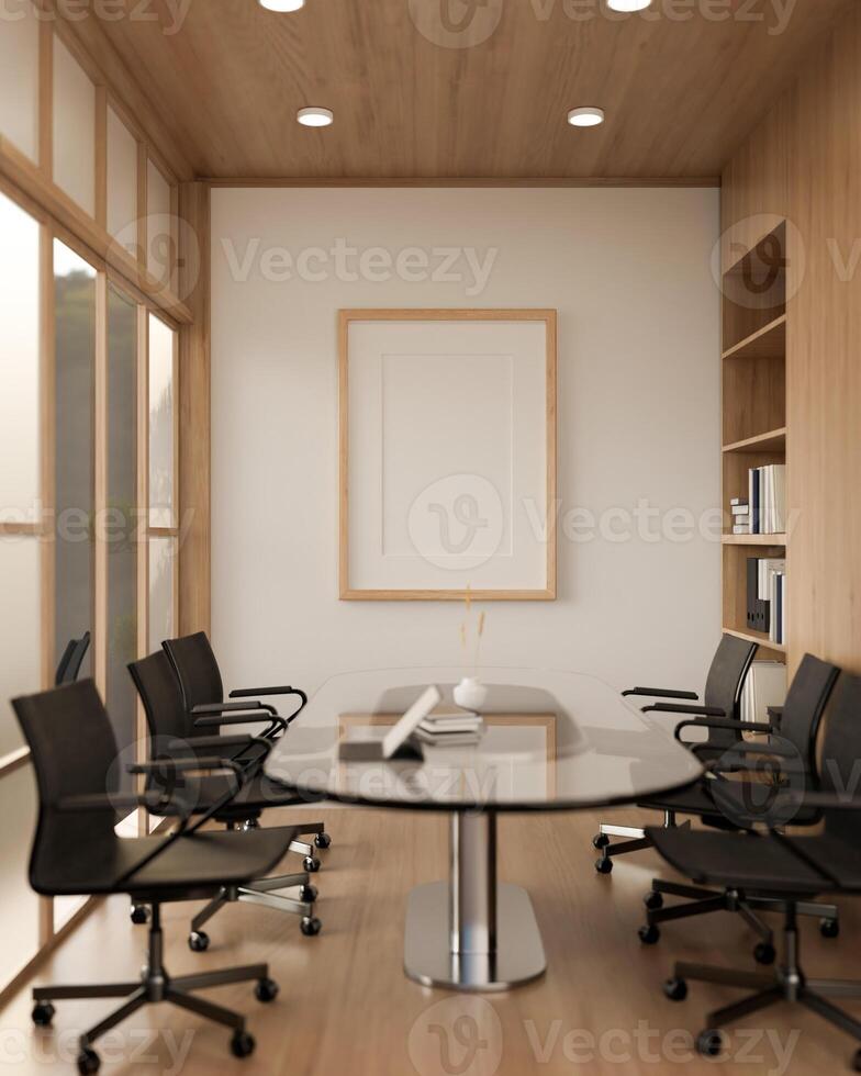 A minimal wood picture frame mockup on a white wall in a modern meeting room. photo