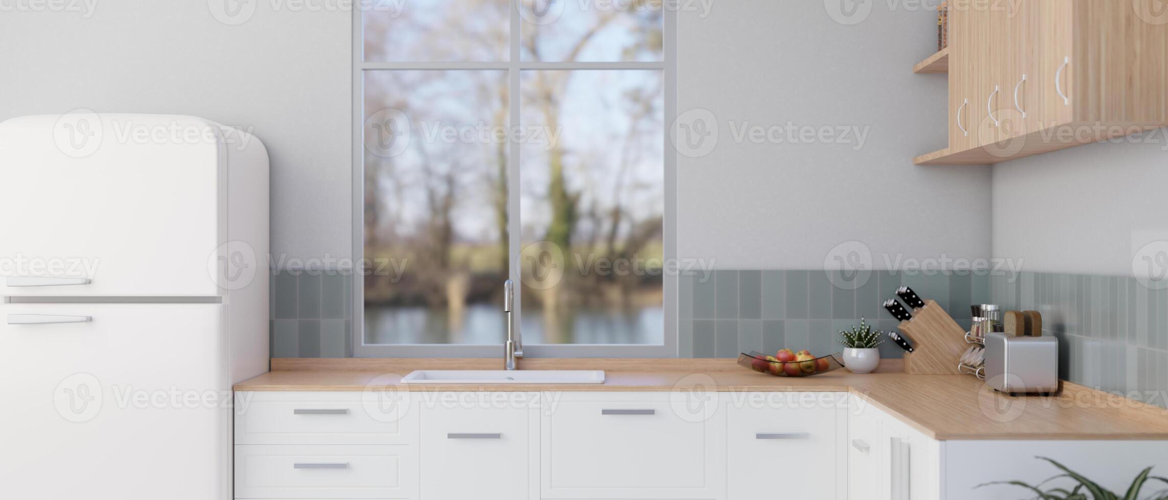 A modern and clean kitchen with minimalist kitchen counter, a fridge, a sink, and kitchen appliances photo