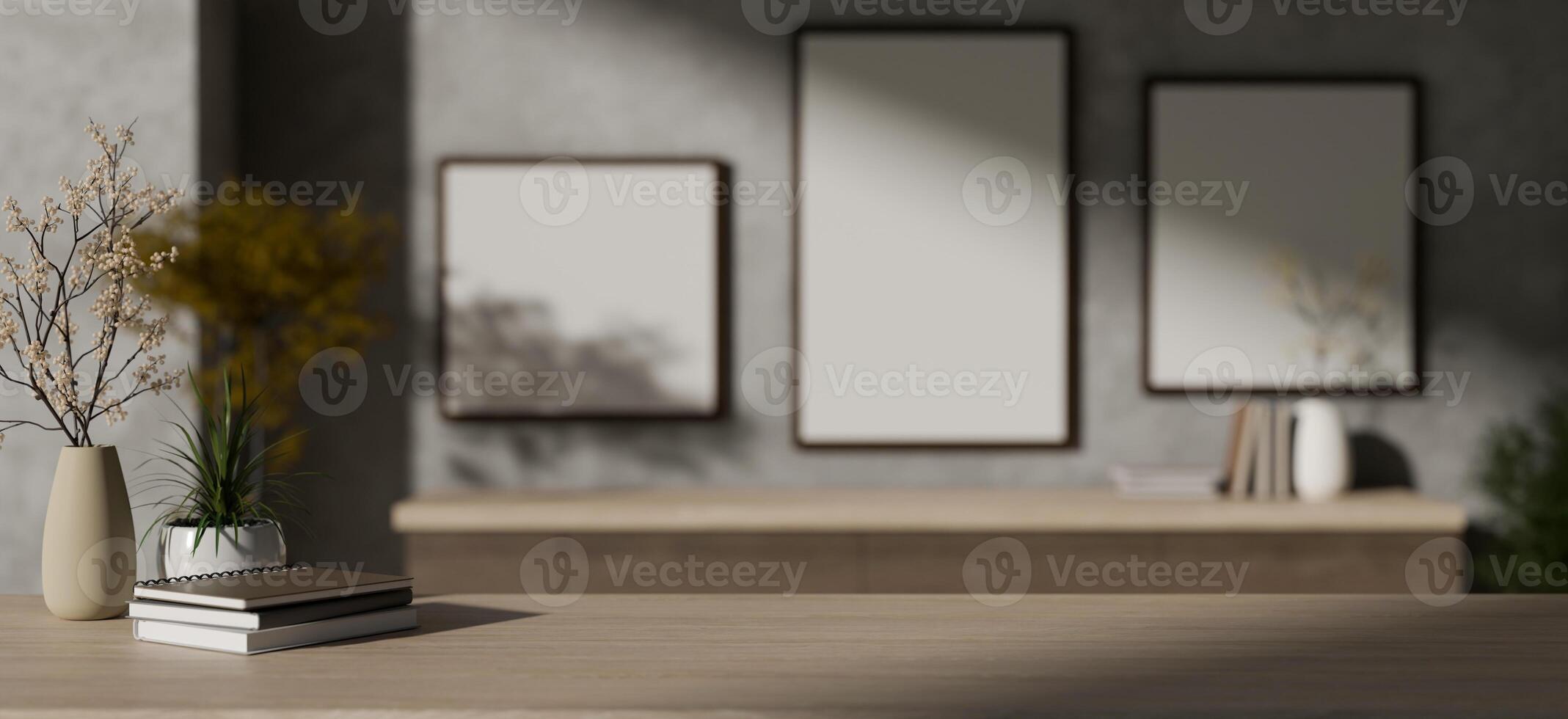 Copy space for displaying your product on a wooden tabletop in a modern, loft living room. photo
