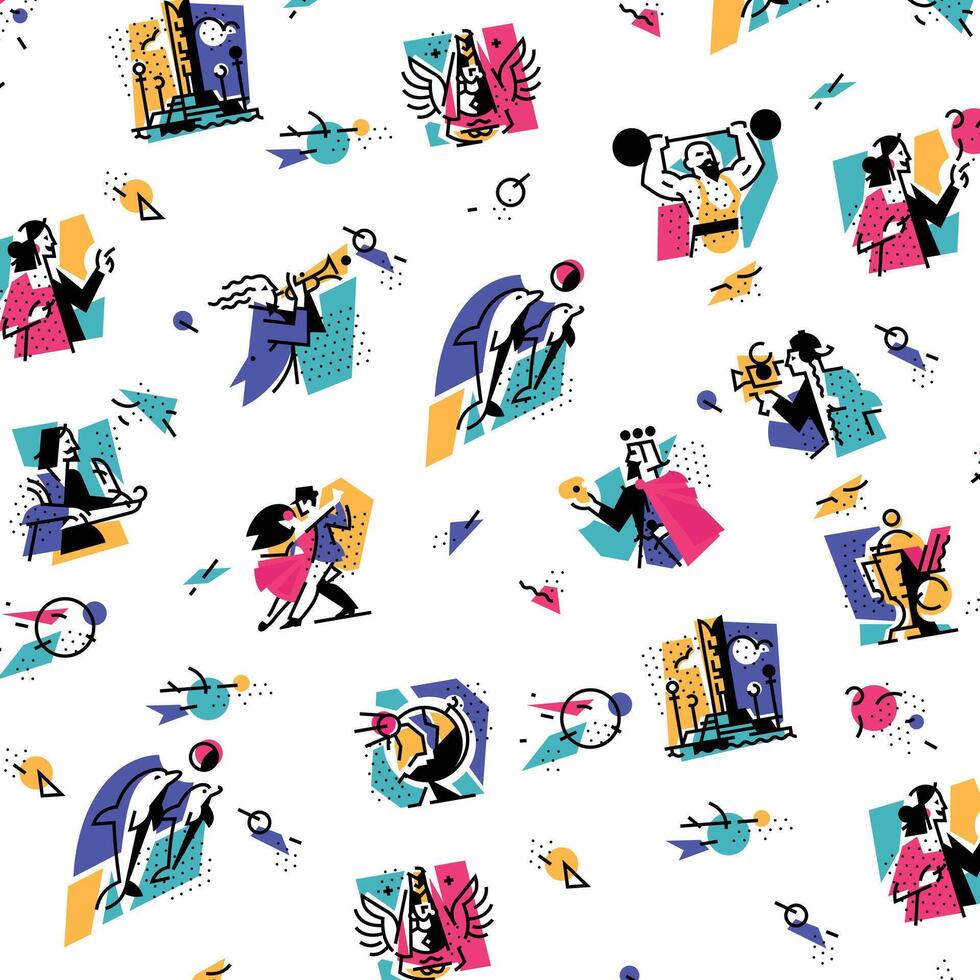 A set of icons on the theme of art forms. Music, choreography, singing, literature, theater, circus. Hobbies of creative people. Icons for the site, banner and print. Emblems, symbols. Pattern. vector