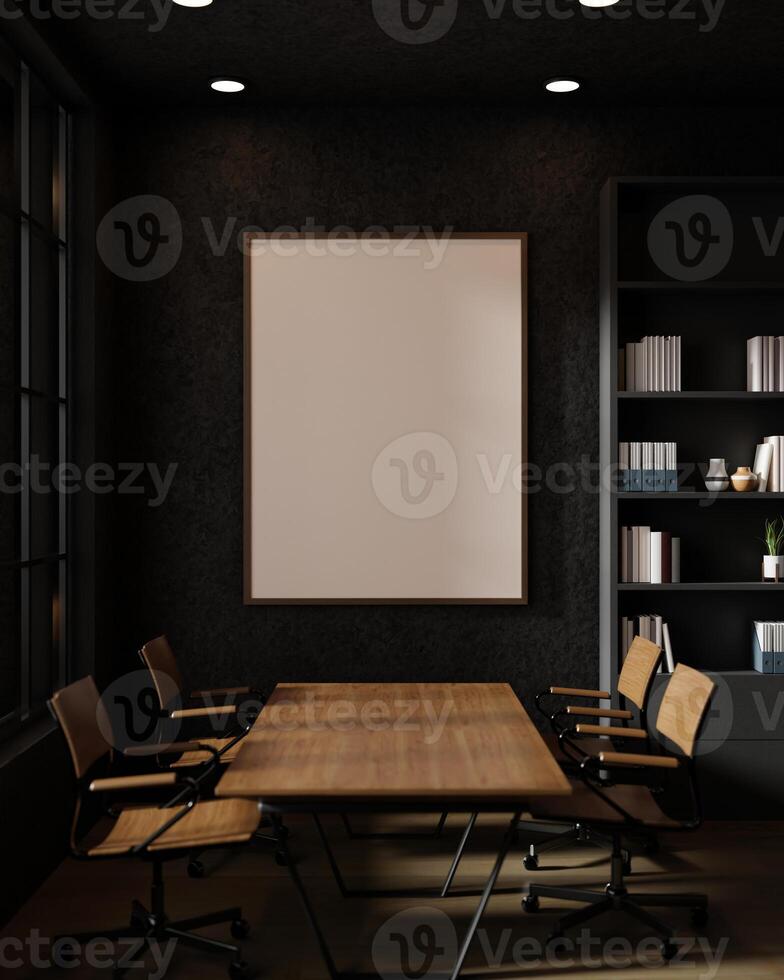 Front view image of a large empty picture frame mockup on a black wall in a modern meeting room. photo