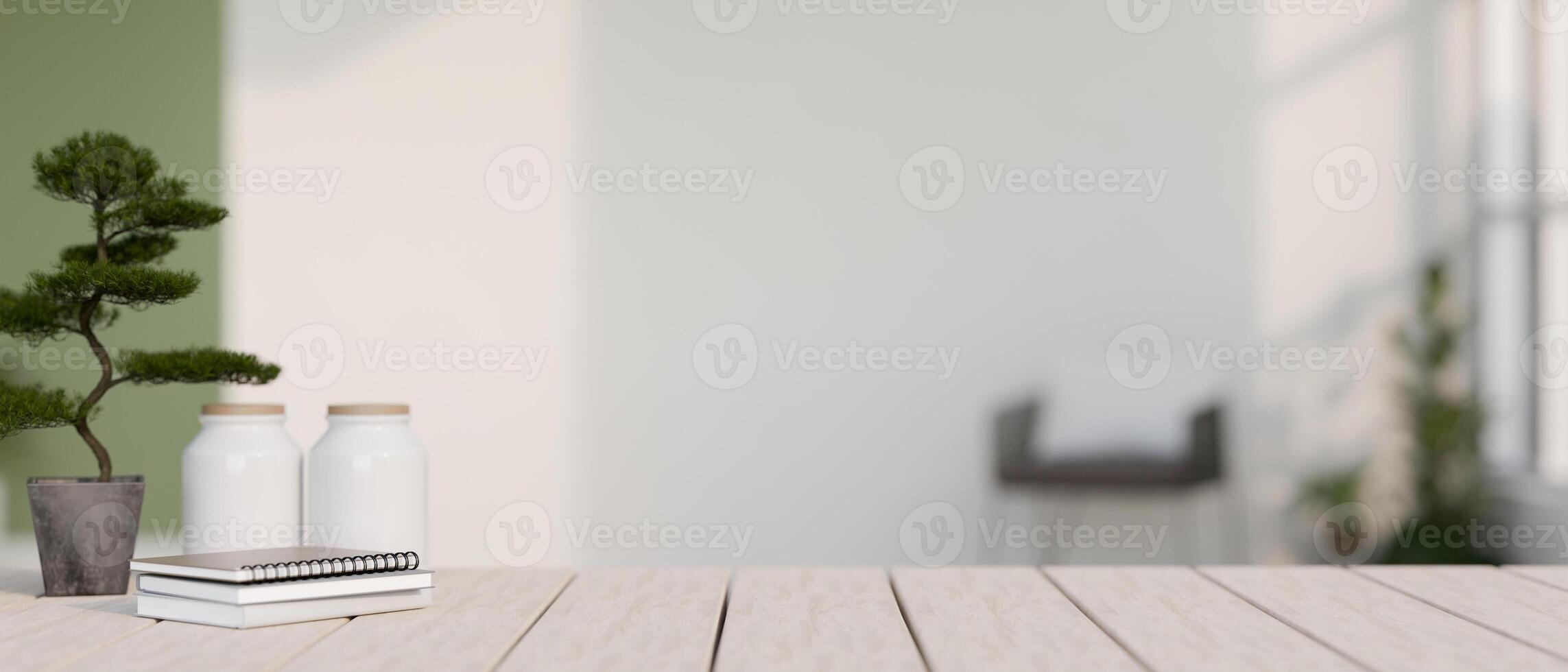 A space for displaying your product on a wooden plank table in a modern, brightly lit living room. photo