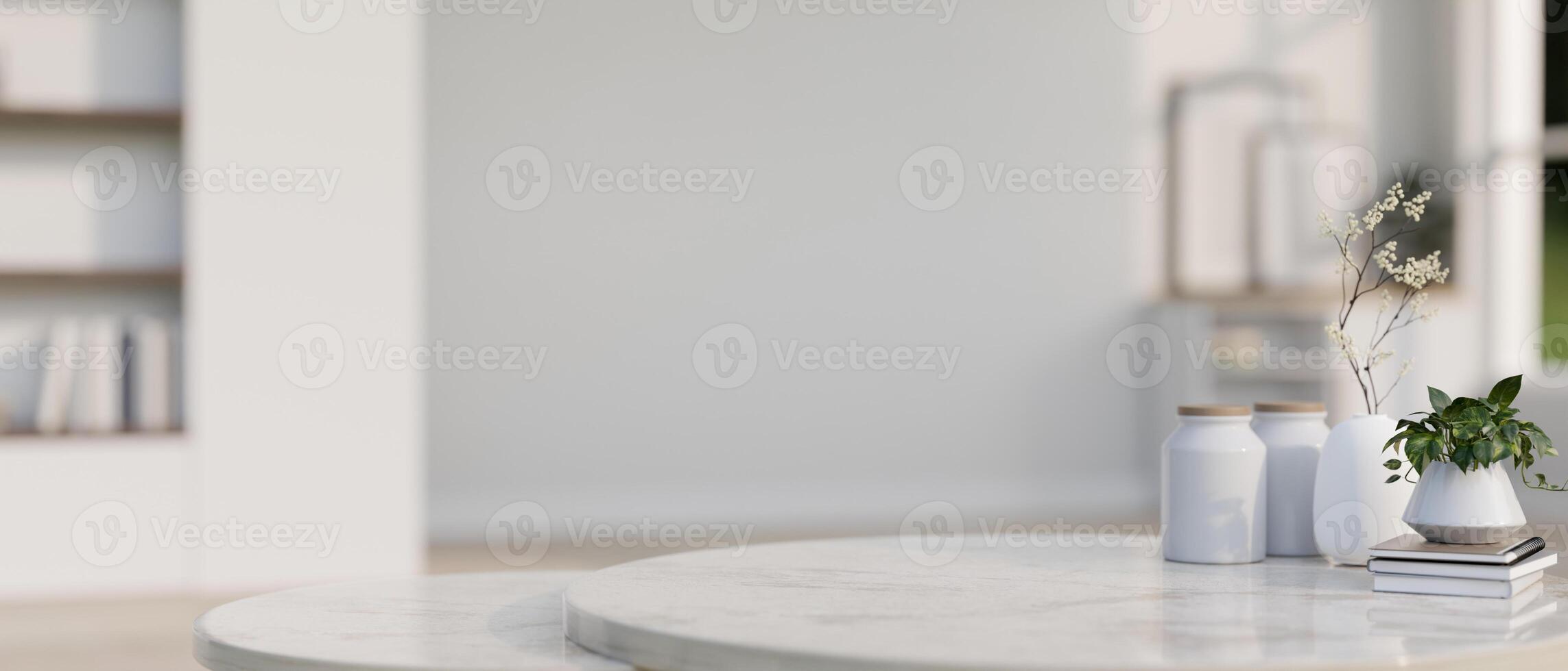 Close-up image of a copy space on a white marble table with accessories in a modern, white room. photo