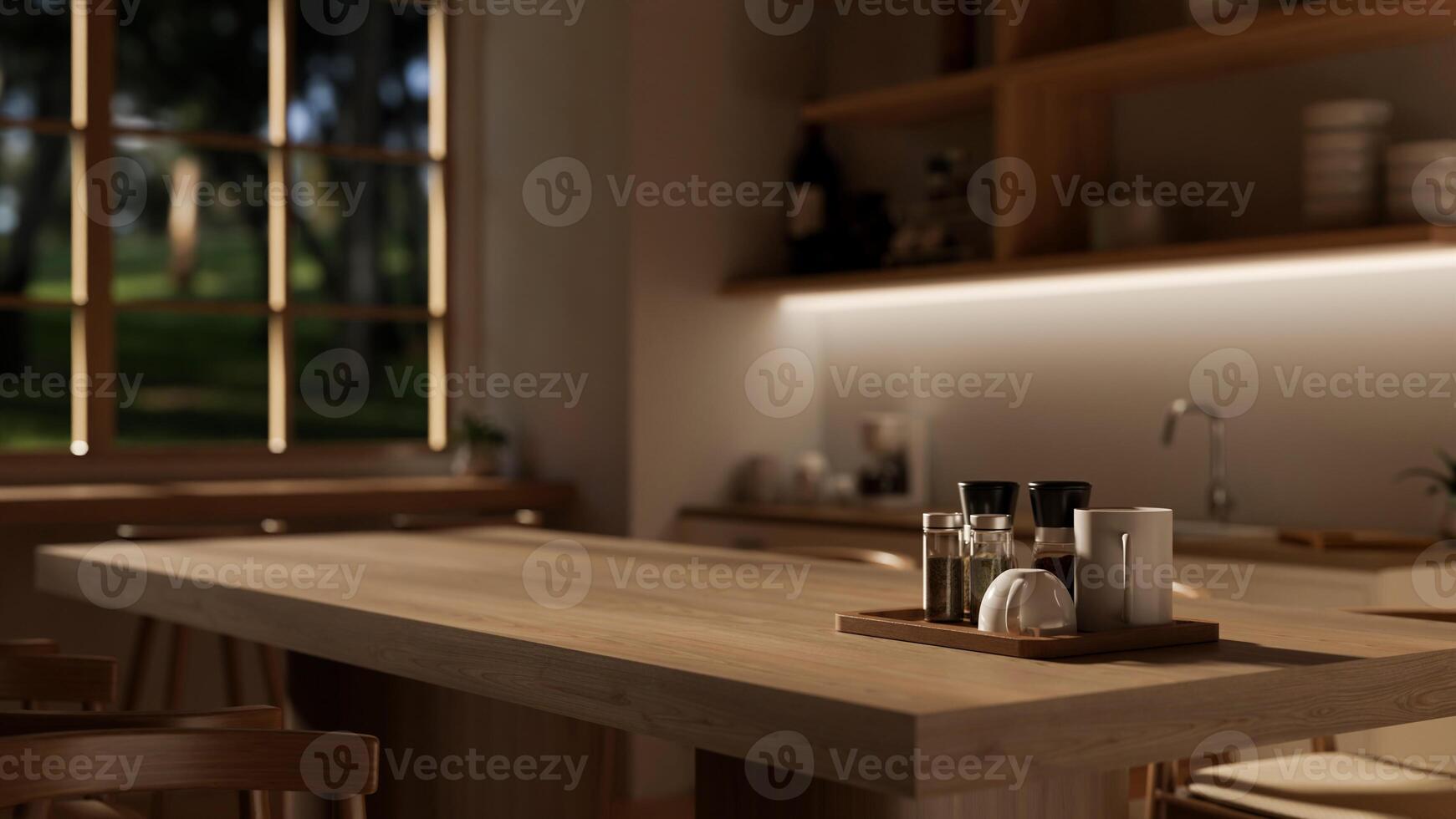 Close-up image of a hardwood dining table in a modern, Scandinavian kitchen. photo