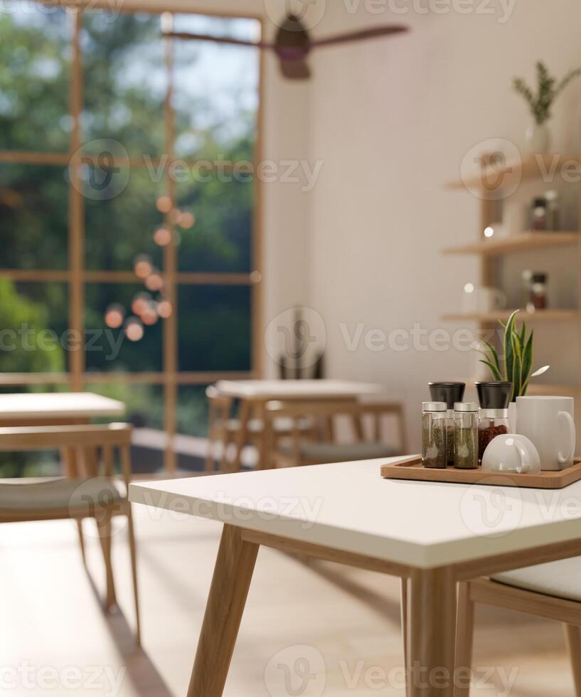 Close-up image of a table in a modern, cosy, Scandinavian restaurant or cafe. photo