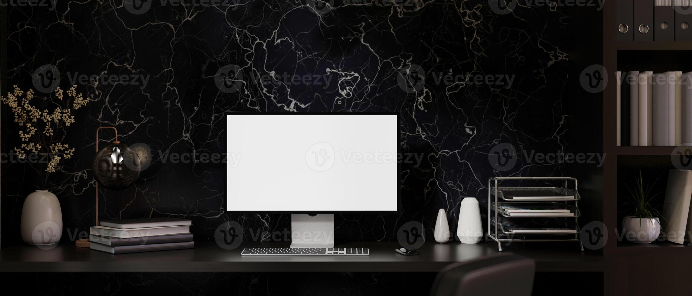 A modern back home office with a computer mockup on a black table against the black marble wall. photo