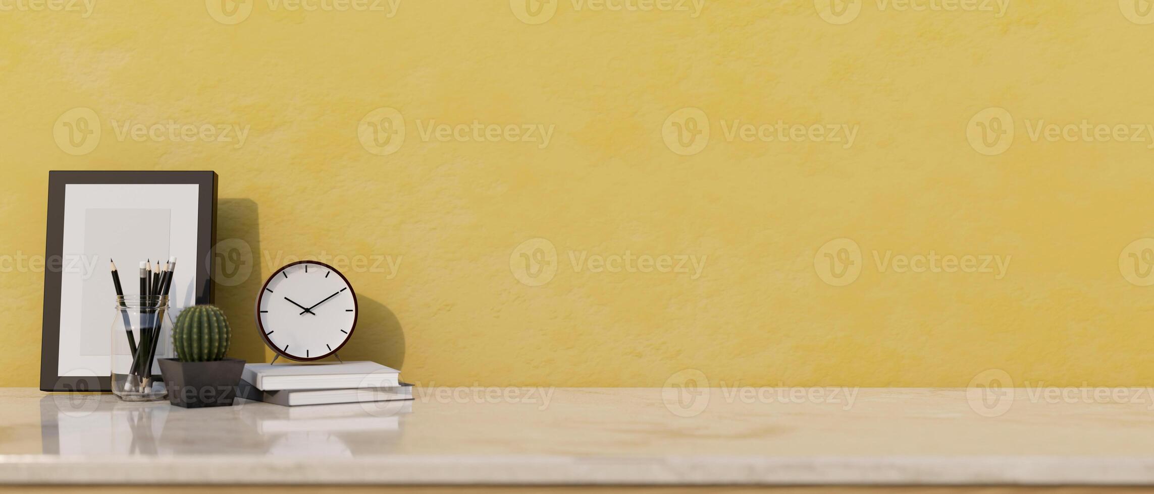 Home decors and a space for displaying your product on a white marble tabletop with the yellow wall. photo