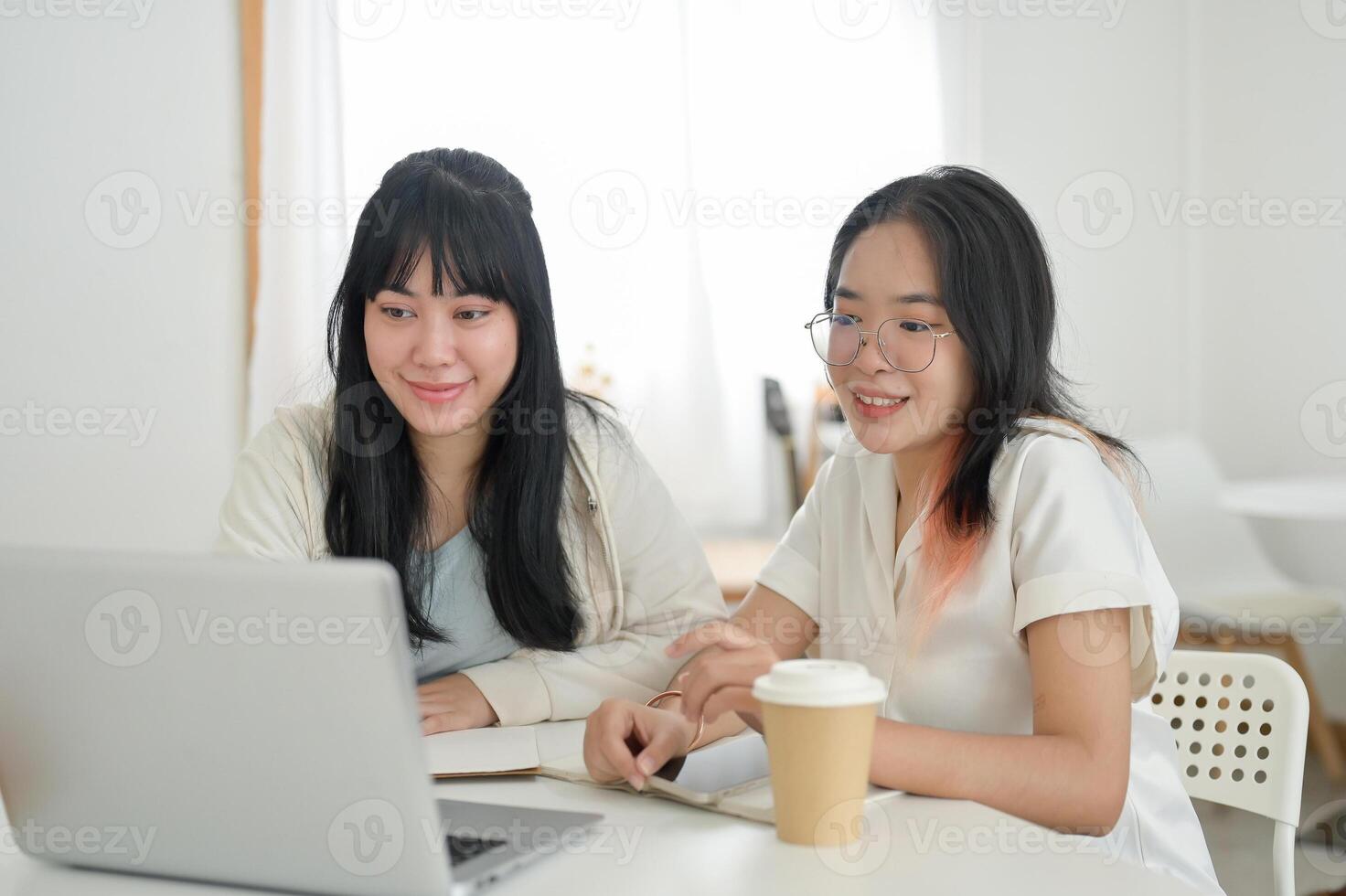Two students are meeting at a cafe to work on a co-project or study together, looking at a laptop. photo