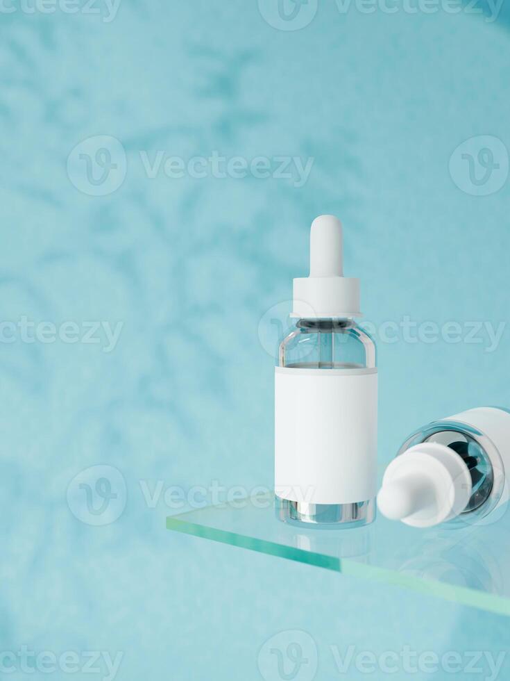 Serum cosmetic bottles on a glass pedestal on a blue background. Transparent dropper serum bottle photo