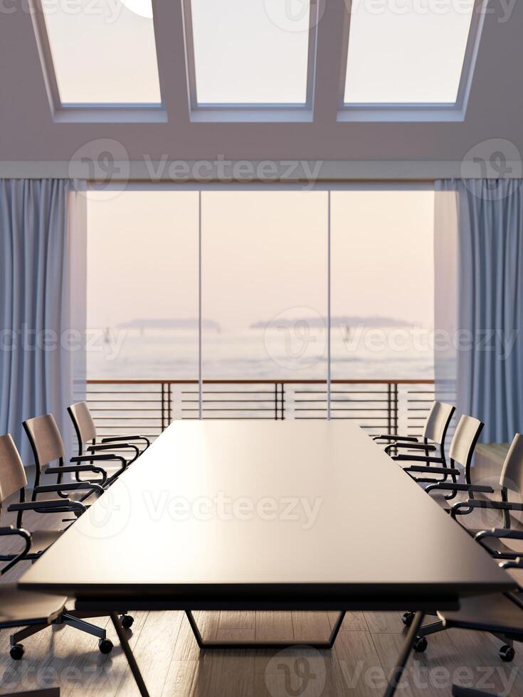 A meeting table in a modern, contemporary meeting room featuring a high ceiling with roof windows. photo