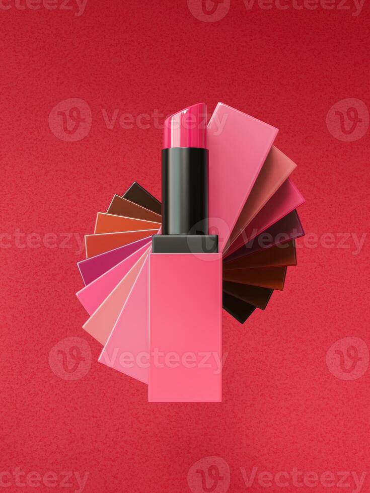 A shiny pink lipstick on a red background with copy space. cosmetic banner, beauty product photo