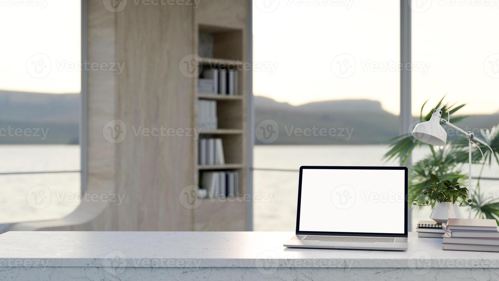 A white-screen laptop computer mockup on a white marble tabletop in a minimalist home office. photo