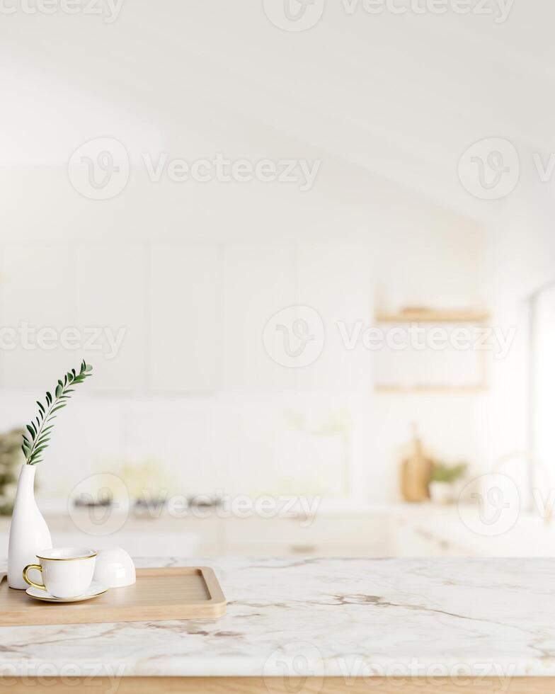 A space for displaying products on a white marble kitchen countertop in a minimalist white kitchen. photo