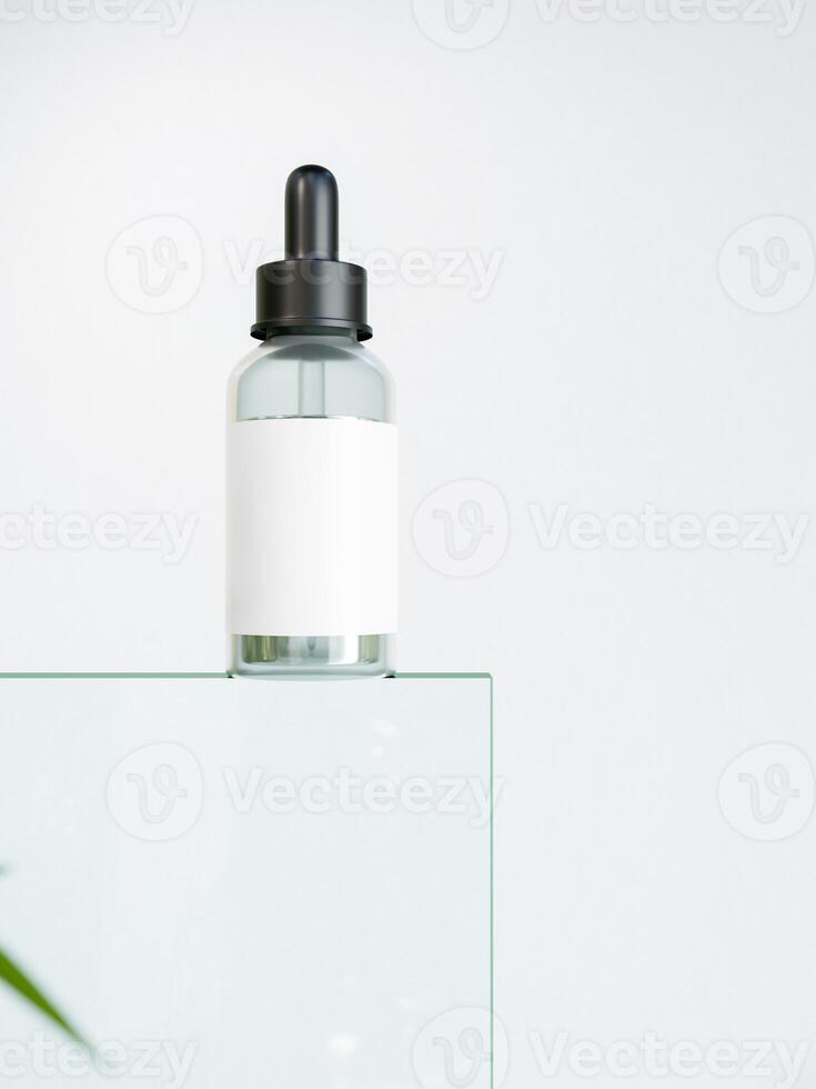 Serum bottles on a pedestal on a white background. Transparent dropper bottle with a white label photo