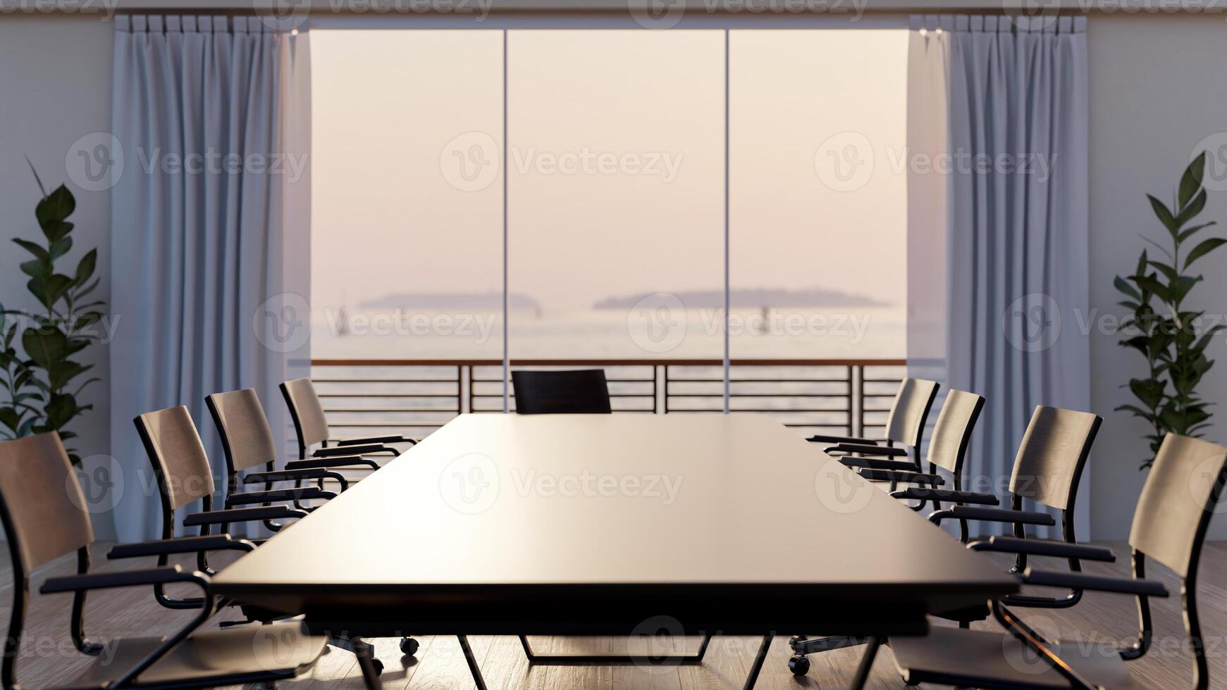 A modern meeting room featuring a meeting table, a large window with a nature view and a balcony. photo
