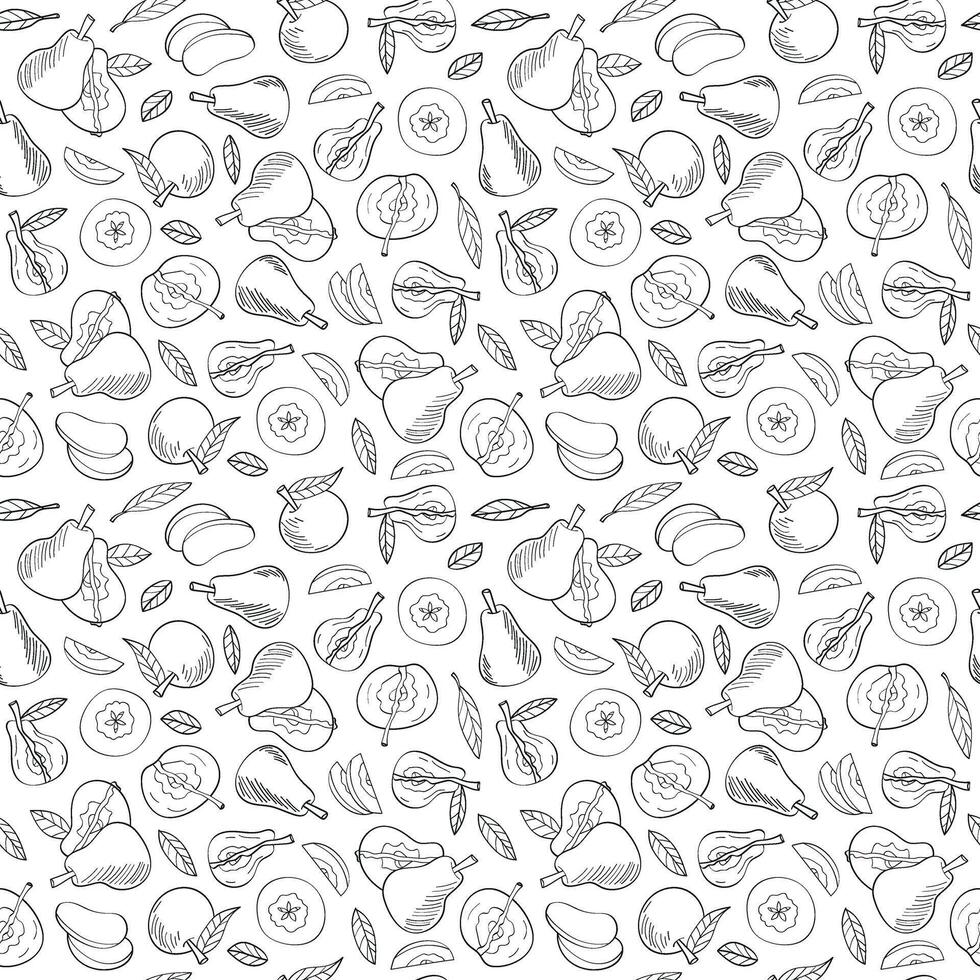 Seamless endless pattern of apples and pears. Illustration in hand drawn style. Can be used to create packaging, covers, backgrounds, cards, textiles, clothing, souvenirs and much more. vector