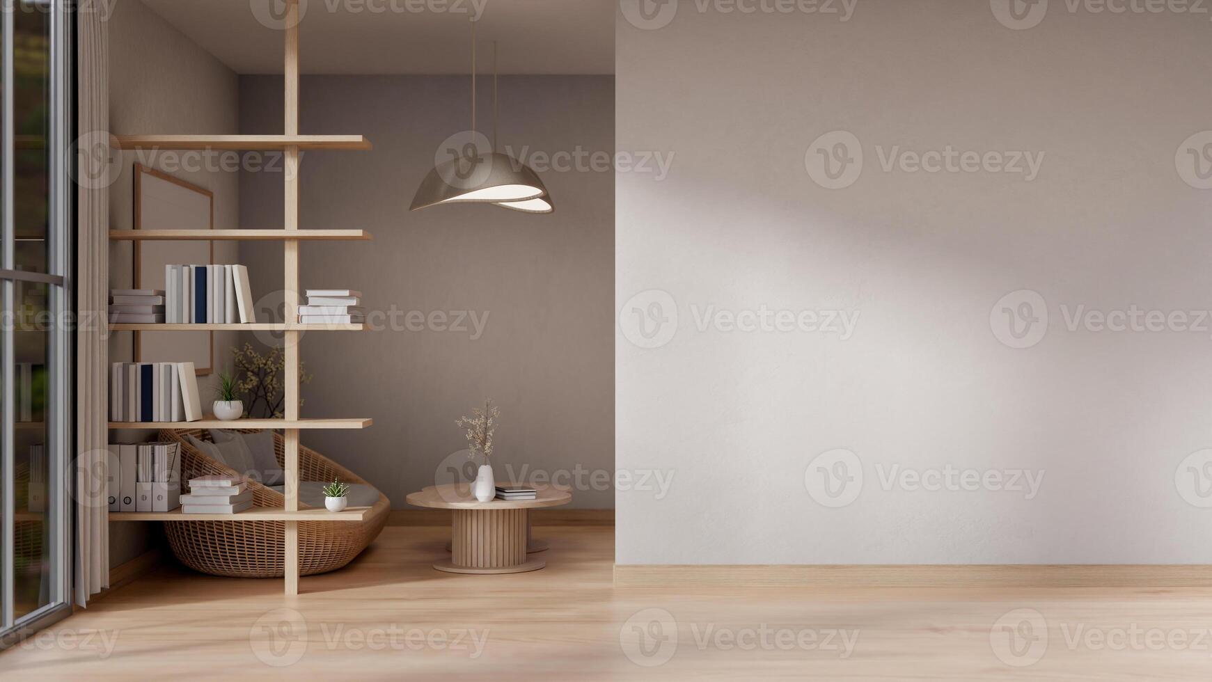 The interior design of a contemporary minimalist home corridor with a living space. photo