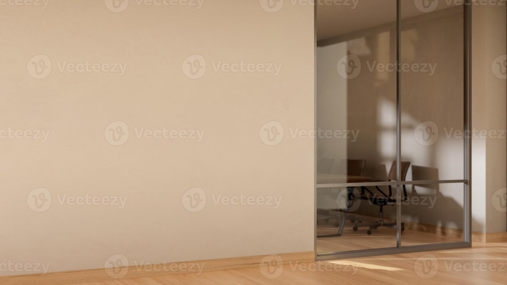The interior design of a contemporary office corridor with a large glass window of a meeting room. photo