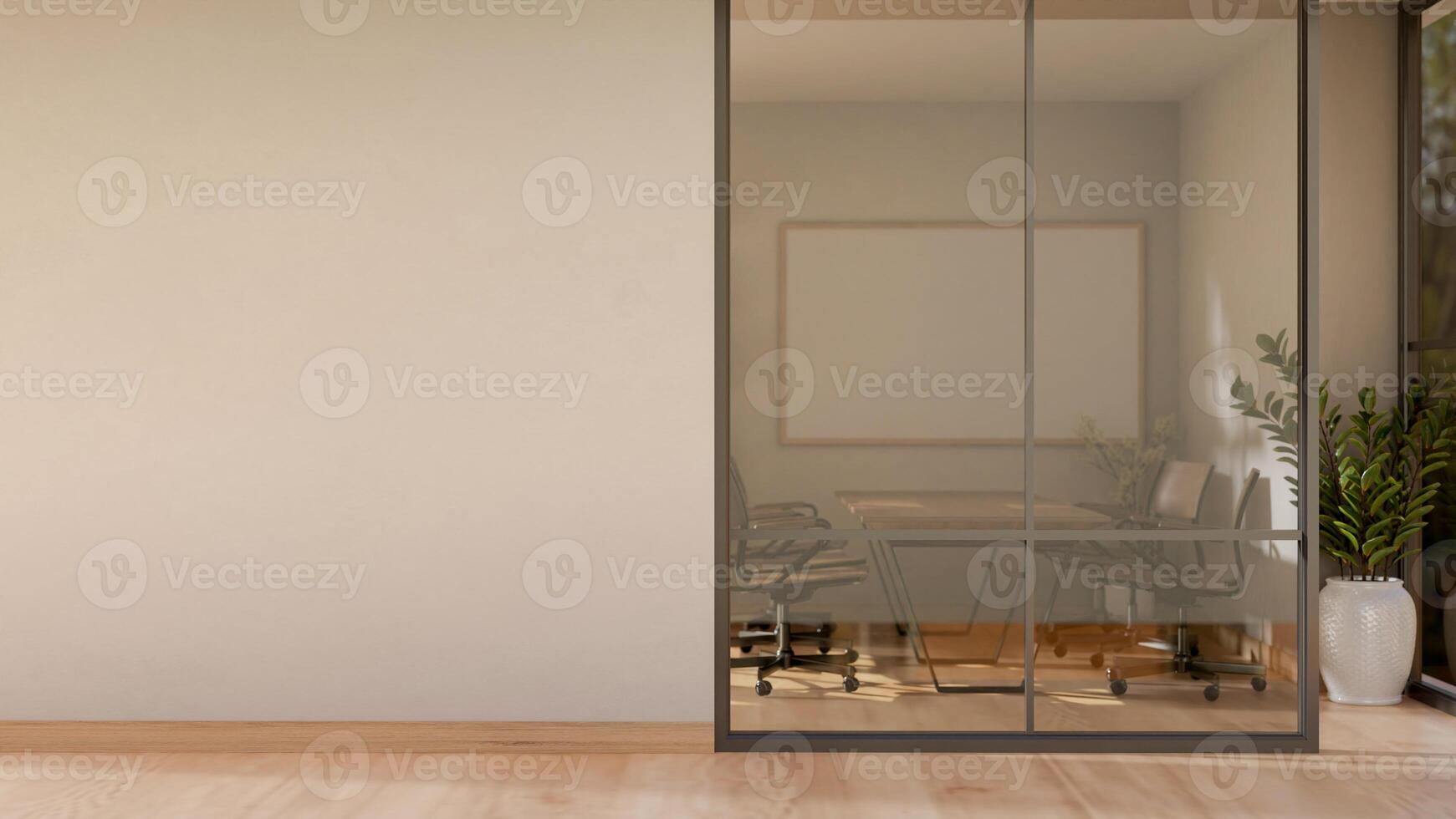 The interior design of a contemporary office corridor with a large glass window of a meeting room. photo